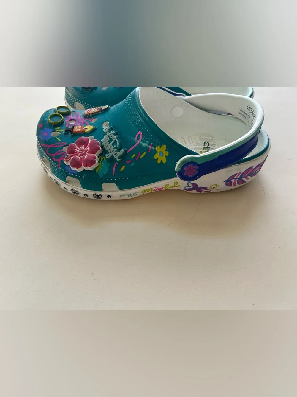 Disney / crocs Teal Kids Clog Sandals with Fun Decorative Charms Encanto